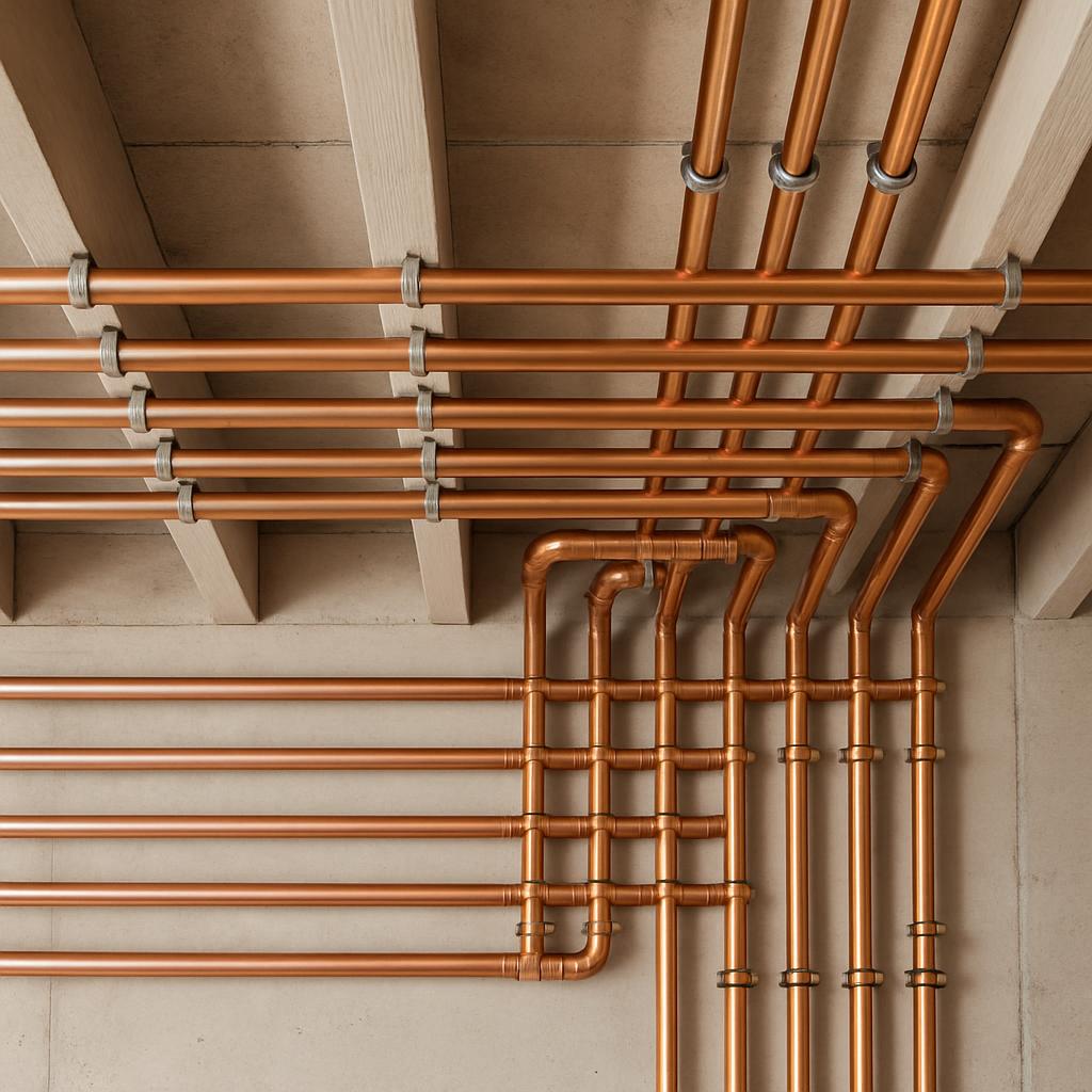 Copper pipes connected to a wall and ceiling inside a building.