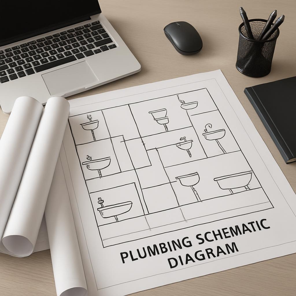 A table contains a rolled-up diagram that has been laid flat, displaying a plumbing schematic diagram with various sinks d...