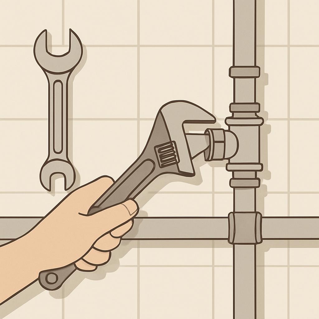 A hand holding an adjustable wrench and adjusting a pipe, raising a smaller wrench on the wall, with a beige and brown col...